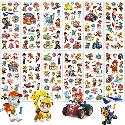 Deen Kinder Sticker,12 Blätter 3D Paw Patrol Stickers Set,Relief Aufkleber für Kinder Jungen Mädchen,Belohnung Kindersticker für Kindergeburtstag Mitgebsel Gastgeschenke DIY Scrapbooking Geschenkdeko