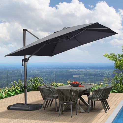PURPLE LEAF Sombrilla Terraza Exterior 2,7 x 3,5 m, Sombrilla Jardin Grande con Rotación de 360° y 5 Ajustes de Inclinación, Tejido Protector UV 50+ para Playa, Piscina, Mercado y Patio, Gris