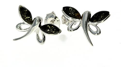 SilverAmber Jewellery UK - 925 Sterling Silber mit baltischem Grüner Bernstein - Libelle Ohrstecker - GL146G