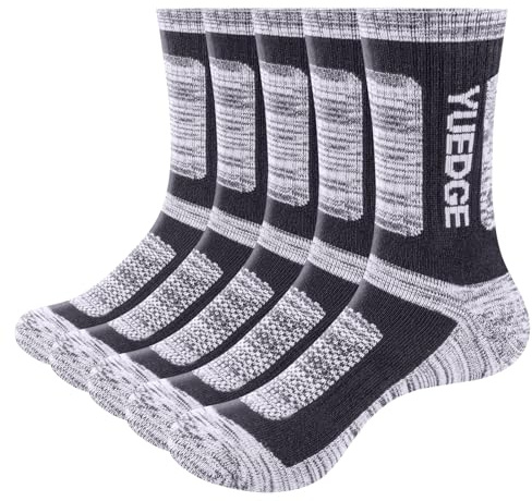 YUEDGE Men's Moisture Wicking Breathable Anti Blister Cushioned Casual Crew Socks Comfort Work Socks Multi Performance Hiking Walking Athletic Sports Socks For Men, 5 Pairs