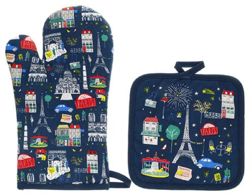 Set manique et Dessous de Plat - Motif Paris la Nuit avec la Tour Eiffel et Tous Les Symboles de Paris