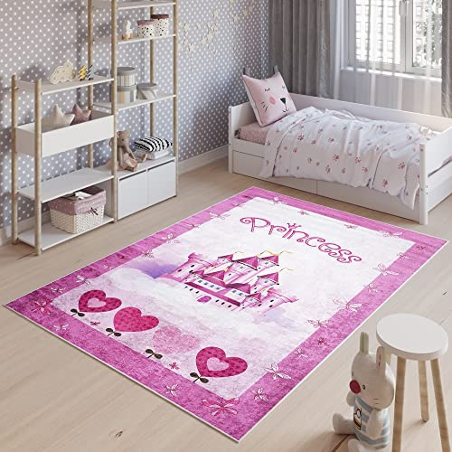TAPISO Emma Kinderteppich Rosa Schloß Prinzessin Antirutsch 160 x 230 cm | Waschbar bei 30 Grad bedruckter Kinderteppich Kinderzimmer Jugendzimmer Modern OEKO-TEX