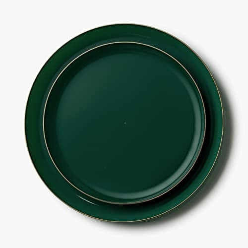 Decor Decorline - Ensemble Vaisselles d'assiettes Plastique Dur et Réutilisables, 20 pièces/Pour 10 Personnes - Edge - Vert/Or - Assiettes Dîner & Entrée Dessert - 2 tailles (10x26cm & 10x21cm)