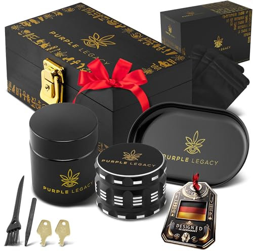 PURPLE LEGACY® Coffret cadeau Boîte Grinder Boîte en bambou avec verrou | Boîte de rangement avec broyeur, plateau, verre UV et accessoires Grand Grinder