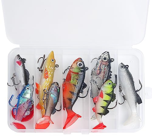 Realure 8Pcs Pre-Rigged Soft Plastic Fishing Lures, Paddle Tail Swimbaits with 3D Eyes, Weighted Jig Heads for Bass Trout Perch, Saltwater Freshwater Fishing Baits