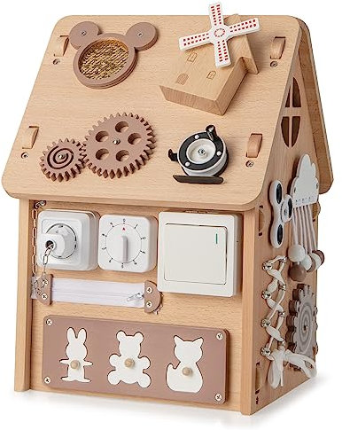 DREAMADE Cube d'Activités Enfant en Bois, Maison de Jeu Montessori avec 23 Composants et Espace de Rangement Intérieur, Jouet Éducatif Convient aux Enfants 3+ Ans (Naturel)