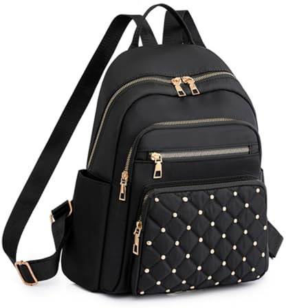 QYWT Nieten Rucksack für Damen,Rhombus kleiner Rucksack,Nieten Nylon Geldbörse,Gothic Tagesrucksack, Damen Schulranzen, Mehrzweck Handtasche,Schwarz