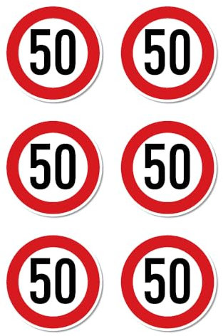 Aufkleber: ⌀ 50 mm, 6 Stück - StVO Verkehrszeichen Z-274 rot/weiß - maximale Geschwindigkeit/Höchstgeschwindigkeit - 50 km/h