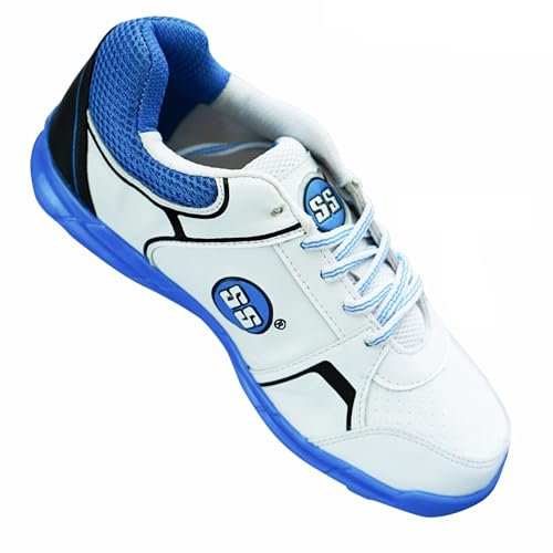 SS Josh Professional Cricket Shoes | White & Blue | Size: EU 45, UK 11, US 12 | Material: PU, Faux Leather | For Boys and Men | Optimal Traction | Durable Build and Comfortable | Slip Resistant