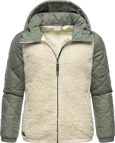 Ragwear warme Damen Übergangsjacke Hybrid-Plüschjacke kurz mit gesteppten Ärmeln und Kapuze Leeloo Ecru Blocked Gr. XXL