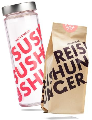 REISHUNGER Sushi Reis Koshihikari, 600 g inkl. Reisglas für praktische Aufbewahrung, rot