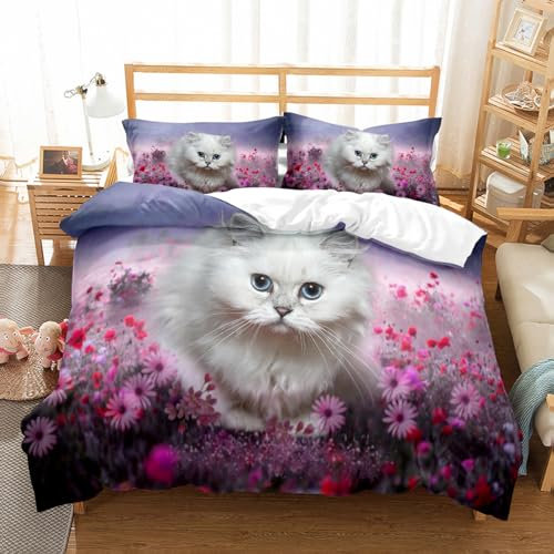 SJSXWQN Bettwäsche 135x200 WeißE Chinchilla-Katze Bettwäsche-Set mit Reißverschluss Schließung für Kinder Mädchen Weicher Atmungsaktive Mikrofaser Bettbezug + 2 Kopfkissenbezug 80x80 cm