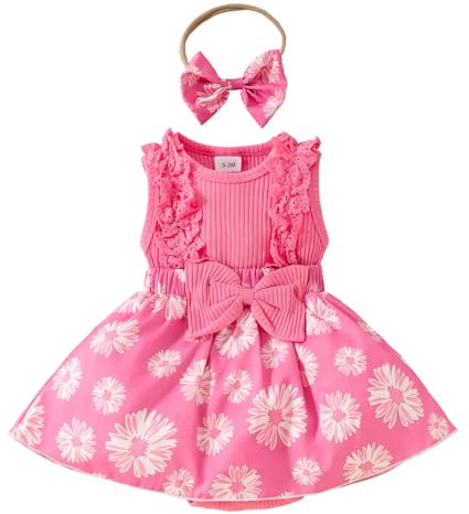 UUAISSO Vestiti Estivi per Neonata Senza Maniche in Pizzo Floreale con Pagliaccetto Vestiti Carini per Bambini rosa rossa 0-3 mesi
