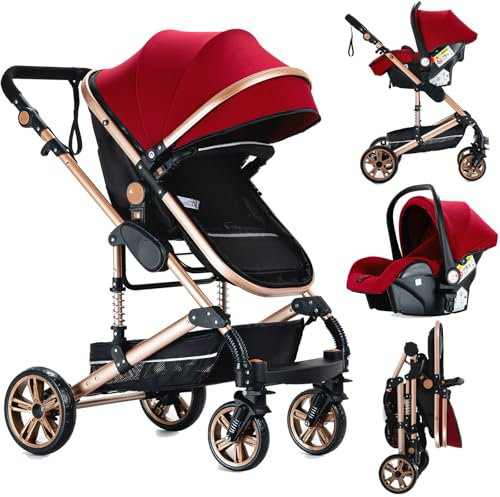 Reenborn Kinderwagen 3 in 1, Buggy mit Zwei Umkehrbaren Schiebemodi, Kinderwagen mit Rahmen Aluminiumlegierung, Kinderwagen 3 in 1 Komplettset mit Ein-Klick-Faltdesign Hohe Landschaft (739 Red)