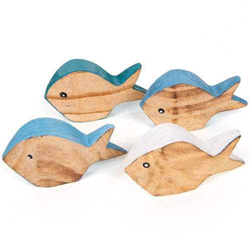 Logbuch-Verlag 4 kleine Fische Holzfische Deko Figuren aus Holz blau Kommunion Tischdeko weiß Sommerdeko maritim 9,5 cm