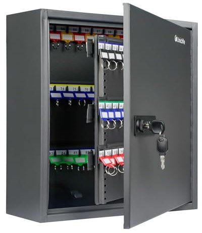 Uniclife Armario para llaves de 120 posiciones con combinación y cerradura de llave, caja de almacenamiento de seguridad digital reajustable, organizador de llaves de acero con estantes ajustables,