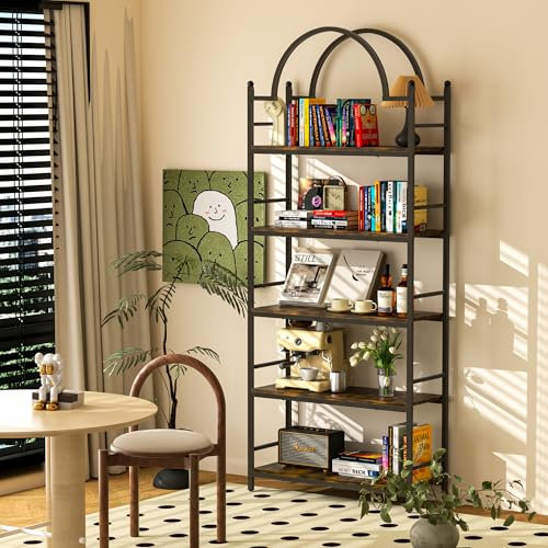 BORWART Estantería de 5 niveles y soporte para microondas, estante de exhibición de metal arqueado, estante multiusos resistente para sala de estar, cocina, oficina en casa y exhibición de flores