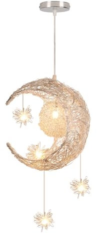 PETITES ECREVISSES Pendelleuchten Mond und Sterne LED Kronleuchter Aluminium Deckenleuchte Ø25cm Hängelampe Kreative mit 5 Glühbirnen für Kinder Schlafzimmer Wohnzimmer