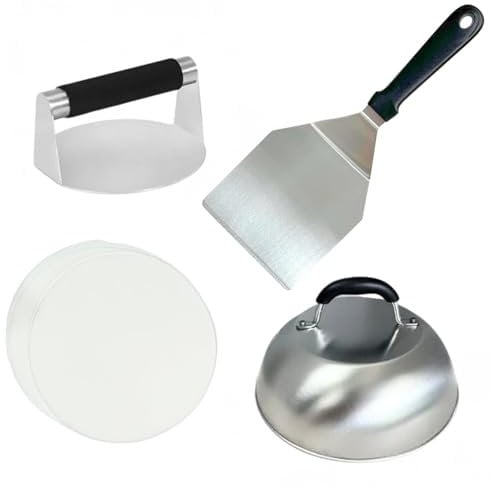 HTT Global Heat Resistance Burger Press Kit with Burger Smasher, 12'' Smash Burger Spatula, 9'' Cheese Melting Dome, & 50 Wax Discs for Burger Press, Smash Burger Press, Smash Burger Kit (4pcs)