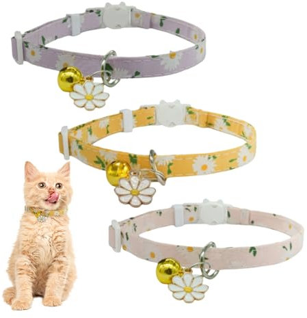 Bekecidi Daisy Style Cat Collar, Pack of 5, Kitten Collar with Bell, Adjustable and Quick Release Buckle, 18-30 cm, Assorted Bright Colors (Small Flower)