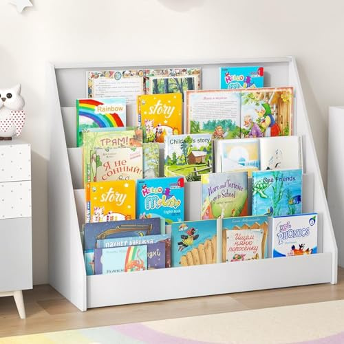 Maxmass Wooden Kids Bookshelf, Sling Children Bookcase with Deep Compartments, Toddler Book Display Rack for Kids Room Playroom Nursery Kindergarten (White, 5 Tier: 91 x 38 x 76 cm)