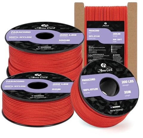 Abma Cord 2mm Paracord 100m Nylon Rope 3 Strands Type I Cord for DIY, Camping, Outdoor - Max. 90kg (200lbs) - Red