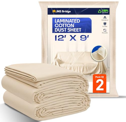 2 x Laminated Cotton Dust Sheets for Decorating & Painting – 12ft x 9ft Paint Cover Sheets with Plastic Polythene Backing, Drop Cloth for Painting, Furniture, Floors, and Staircases.