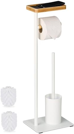 Relaxdays WC Garnitur, Bambus, Eisen, freistehender Klopapierhalter, Toilettenbürste mit Bürstenhalter, weiß/Natur