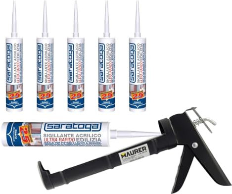 SARATOGA Kit Professionale, Pistola per Silicone MAURER Standard con 5 Cartucce, Kit Bricolage (Acrilico Bianco)