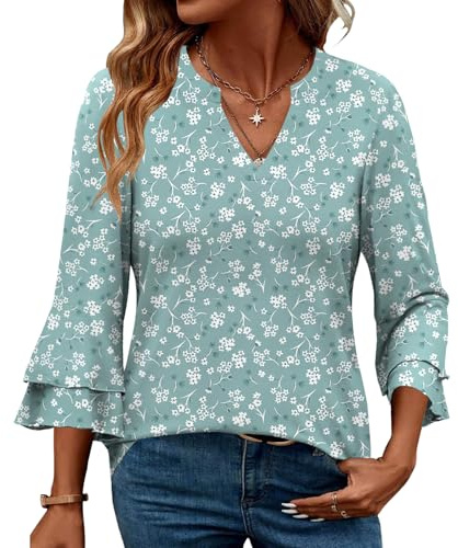 IEEILULU Chemisier Femme Chic et Élégant Manches 3/4 Col V Blouse Casual Couleur S-XL Vert M