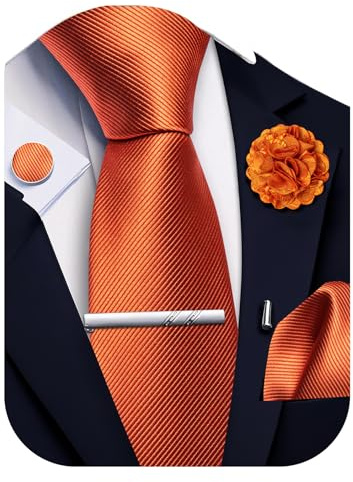 Ailisus Gestreifte Krawatte und Taschentuch, Krawattenklammer, Manschettenknöpfe, Anstecknadel-Set, Hochzeit, Party, Seide, einfarbig, formell, 5 Stück, Orange, One size