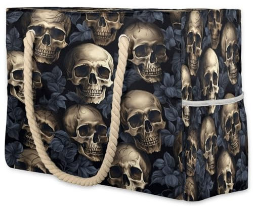 VQUVQV Große Strandtasche, wasserdichte Sommer-Strand-Tragetaschen mit Reißverschluss für Damen und Herren, Vintage Gothic Totenköpfe, Large