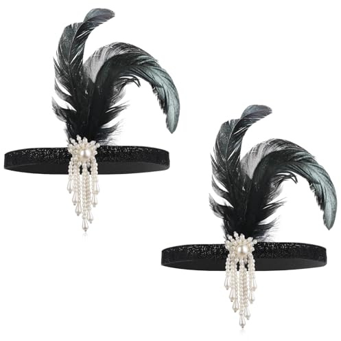 ElevateTech 1920er Jahre Flapper Stirnbande, 2 Stück Mode Perlen Feder Haarschmuck Schwarzes Feder Haarbänder 20er Jahre Accessoires Kopfschmuck for Frauen Gatsby Themen Kostüm Halloween Party