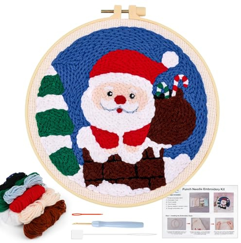 JSRQT Punch Needle Stickerei Set Anfänger Weihnachts Starter Stanznadelstoff Muster Weihnachtsmann Stanznadel Debutant Broderie Embroidery Handarbeit Sticken mit Stanzer für Kinder Erwachsene