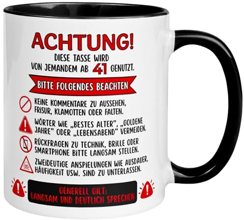 41 Geburtstag Mann | Achtung – Diese Tasse wird von jemandem ab 41 genutzt | Lustige Geburtstagstasse zum 41. Geburtstag | 41ter Geburtstag Geschenk | Geburtstagsgeschenk Männer | Made in Germany