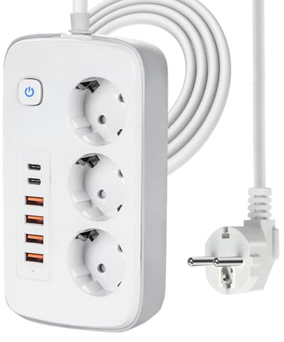 RNPKZ Steckdosenleiste mit USB, 3 Fach Mehrfachsteckdose mit 4 USB und 2 Type C, 2,4 A/5V, Verteilersteckdose mit Kindersicherung, Mehrfachsteckdose mit Schalter für Zuhause Büro, 2M Kabel (Weiß)