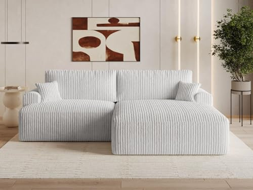 GRAINGOLD Serene L Ecksofa modern mit Bettfunktion, 259x145 cm, L-Form Sofa, Schlafcouch für Wohnzimmer, Cord-Stoff, 3-Sitzer Eckcouch, Ecksofa mit Bettkasten (Grau, Rechts)