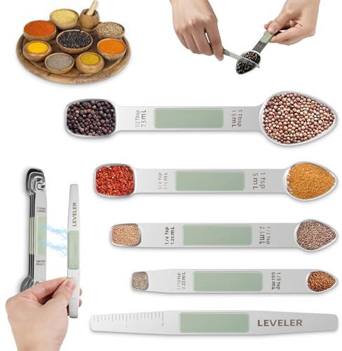 Magnetic Stainless Steel Measuring Spoons Set, Dual Sided Stackable Teaspoon, 5-Piece with Scale and Leveler, Fits in Spice Jars, for Cooking and Baking, Set for Measuring Dry and Liquids Green
