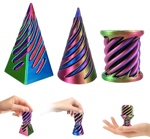 3D Printed Impossible Cone Fidget Toys Set, 3PCS Spiral Cone Pyramid Cylinder Passthrough Sculpture, Vortex Illusion Stress Relief Sensory Toys, Cool Desktop Decoration Gifts for Adults Kids(style 2)