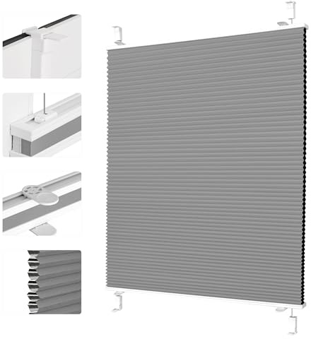 Grandekor Wabenplissee ohne Bohren Verdunkelung - 100% Lichtundurchlässig Thermo Plissee Klemmfix mit Alufolie, Geräuscharm & Stabil für Fenster & Tür, Sichtschutz Faltrollo Weiß-Dunkelgrau 65 x 200cm