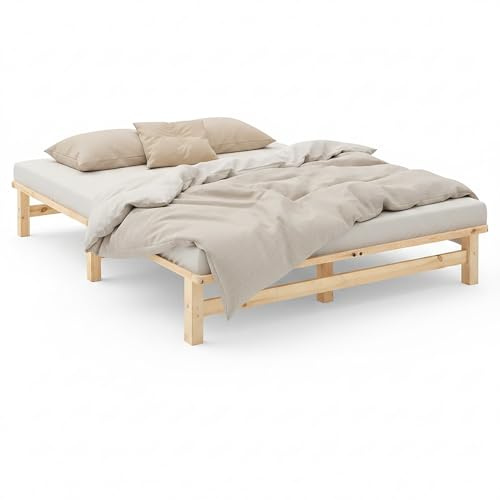 Homestyle4u Palettenbett 160x200 cm Massivholzbett Natur Bett 160x200 unbehandelt mit Matratze & Lattenrost, stabiles Doppelbett, Futonbett