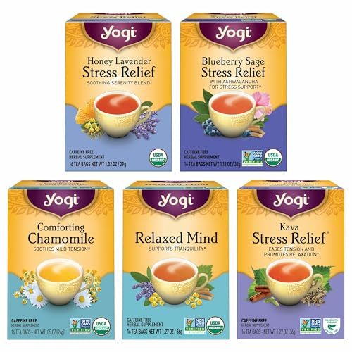 Yogi Tea Stress Relief & Relaxation Variety Sampler - 16 Bags per Pack (5 Packs) - Organic Relaxing Tea Sampler Set - Calming, Comforting Chamomile, Relaxed Mind & More