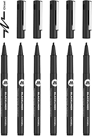 Molotow Blackliner Chiselspitze (Fineliner mit permanenter, dokumentenechter Tinte) 6 Stück schwarz