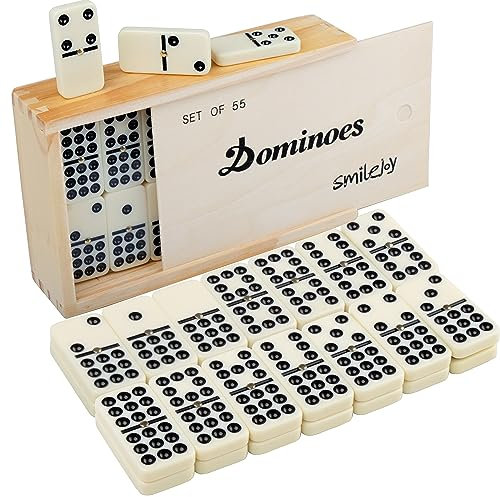 Smilejoy Klassisches Doppel-Domino-Spielset mit 9 Dominos in Holzkiste mit Spinner 55-teilig (2-6 Spieler)