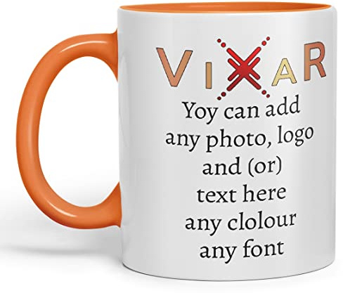 Vixar Personalised Coloured Inside Handle Mugs Cups 11oz, Your Photo Logo Text Design Gift (Orange)