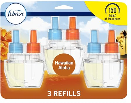 Febreze Plug In Air Freshener, Odor-Fighting Scented Oil Refill, Air Fresheners for Home and Bathroom and Kitchen, Long Lasting for Strong Odors, Hawaiian Aloha Scent, 0.87oz Refills, 3 Count