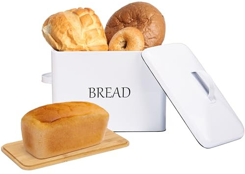 Extra große Brotbox mit 2 Deckeln – Metall & Bambus Deckel – Metall Brotkasten für Küche Arbeitsplatte – hält 2+ Brote – Bauernhaus Weißbrotkasten – Brotaufbewahrung Belüftungslöcher – XXL Brotbeutel