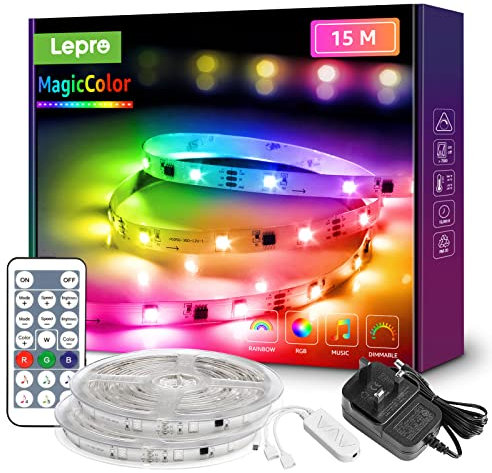 Lepro MagicColor LED Strip Light 15M, Rainbow Chasing Effects, Remote Control, 30 LEDs/M, Multiple Colours at Once, Music Sync LED Lights for Bedroom, Gaming, Party and Room Decor (2 Rolls of 7.5M)