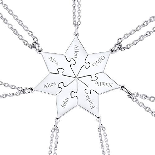 Custom4U 7-Piece Silver Jigsaw Necklace for Women & Girls, Family & Friendship Gift with 7 Names, Custom Engraving, Stainless Steel, Nickel Free, 18 Inch Chain