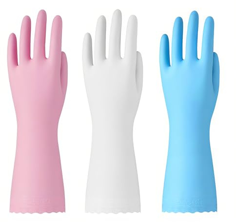 3 Pairs of Reusable Cleaning Gloves - Latex Free Kitchen Cleaning Gloves with Cotton Liner- Household Dishwashing Gloves, Non- Slip Waterproof (Medium, Blue+Pink+White)